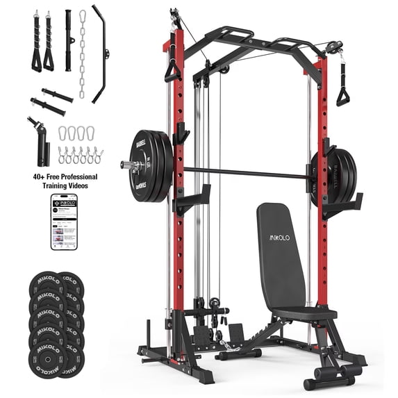 Mikolo Smith Machine Home Gym, 7-in-1 Multi-Function Squat Rack with Cable Crossover, 1000LBS Workout Station with Smith Bar, Barbell, and Weight Bench and 10lb/25lb x2 Weight Plates