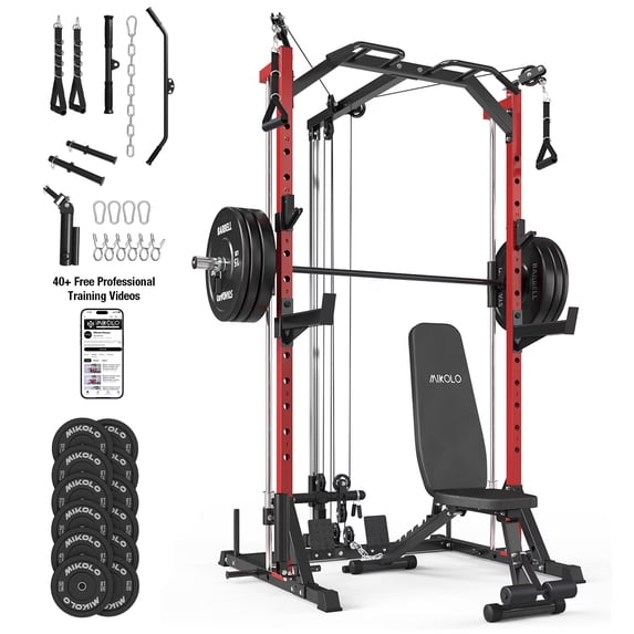 Mikolo Smith Machine Home Gym, 7-in-1 Multi-Function Squat Rack with Cable Crossover, 1000LBS Workout Station with Smith Bar, Barbell, and Weight Bench and 10lb/25lb x2 Weight Plates