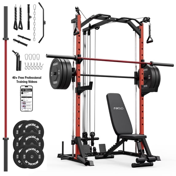 Mikolo Smith Machine Home Gym, 7-in-1 Multi-Function Squat Rack with Cable Crossover, 1000LBS Workout Station with Smith Bar, Barbell, and Weight Bench and 10lb/25lb x2 Weight Plates