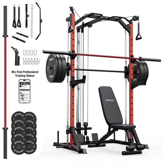 Mikolo Smith Machine Home Gym, 7-in-1 Multi-Function Squat Rack with Cable Crossover, 1000LBS Workout Station with Smith Bar, Barbell, and Weight Bench and 10lb/25lb x2 Weight Plates