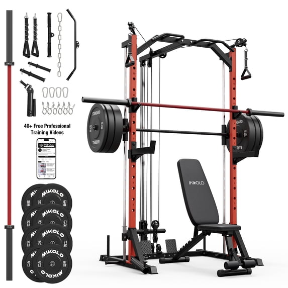 Mikolo Smith Machine Home Gym, 7-in-1 Multi-Function Squat Rack with Cable Crossover, 1000LBS Workout Station with Smith Bar, Barbell, and Weight Bench and 10lb/25lb x2 Weight Plates
