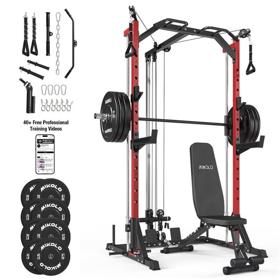 Mikolo Smith Machine Home Gym, 7-in-1 Multi-Function Squat Rack with Cable Crossover, 1000LBS Workout Station with Smith Bar, Barbell, and Weight Bench and 10lb/25lb x2 Weight Plates