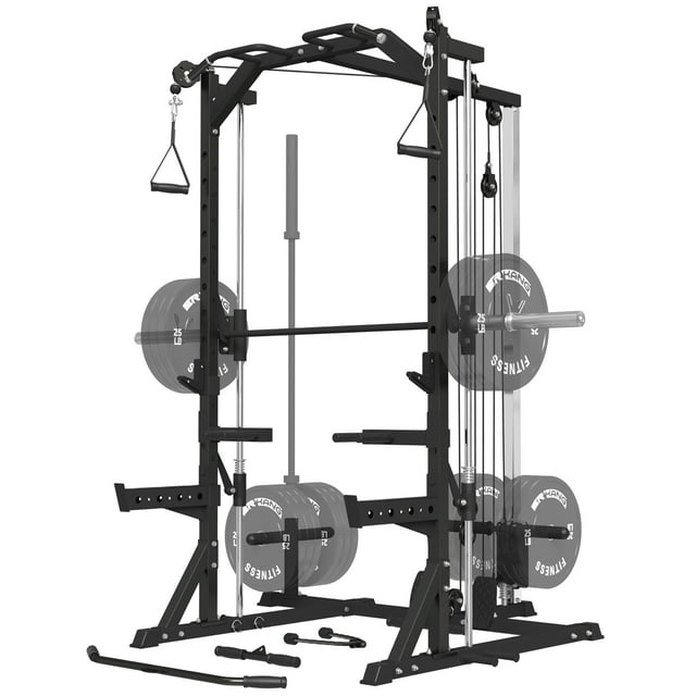 Mikolo Smith Machine Home Gym, Multi-Functional Power Rack with Cable Crossover System, Squat Rack with Weight Bar, Landmine, Dip Bars, T-Bar and Other Attachements