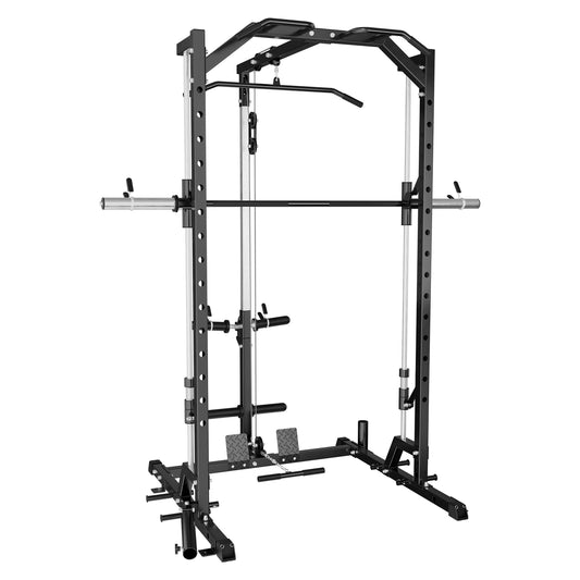 Mikolo Smith Machine Home Gym, Multi-Functional Squat Rack with Lat Pull Down System, Workout station with Weight Bar, Bend Peg and Other Functional Attachments