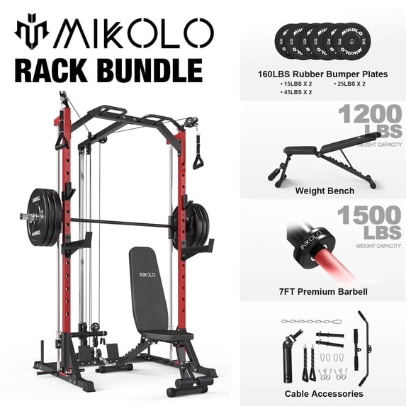 Mikolo Compact 7-IN-1 Smith Machine With Cable Crossover System, 1000LBS Multi-Functional Squat Rack, Workout Station with Weight Bar, Bend Peg and Other Functional Attachments
