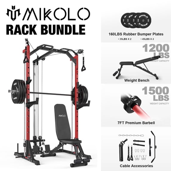 Mikolo Compact 7-IN-1 Smith Machine With Cable Crossover System, 1000LBS Multi-Functional Squat Rack, Workout Station with Weight Bar, Bend Peg and Other Functional Attachments