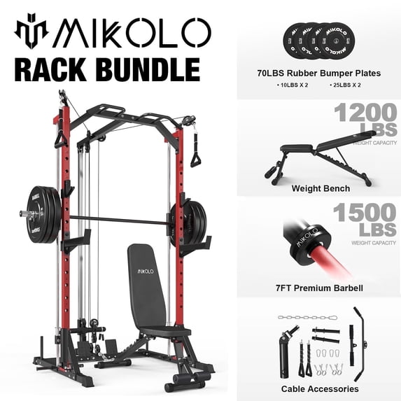 Mikolo Compact 7-IN-1 Smith Machine With Cable Crossover System, 1000LBS Multi-Functional Squat Rack, Workout Station with Weight Bar, Bend Peg and Other Functional Attachments