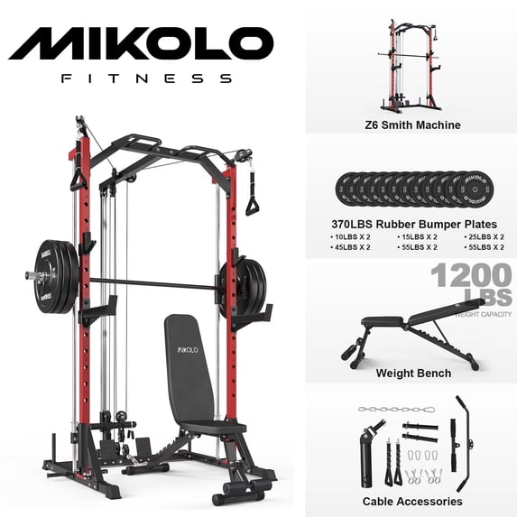 Mikolo Compact 7-IN-1 Smith Machine With Cable Crossover System, 1000LBS Multi-Functional Squat Rack, Workout Station with Weight Bar, Bend Peg and Other Functional Attachments