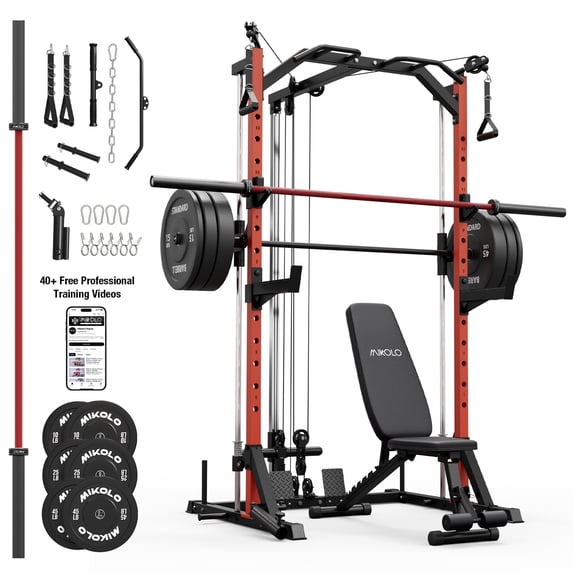 Mikolo Smith Machine Home Gym, 7-in-1 Multi-Function Squat Rack with Cable Crossover, 1000LBS Workout Station with Smith Bar, Barbell, and Weight Bench and 10lb/25lb x2 Weight Plates