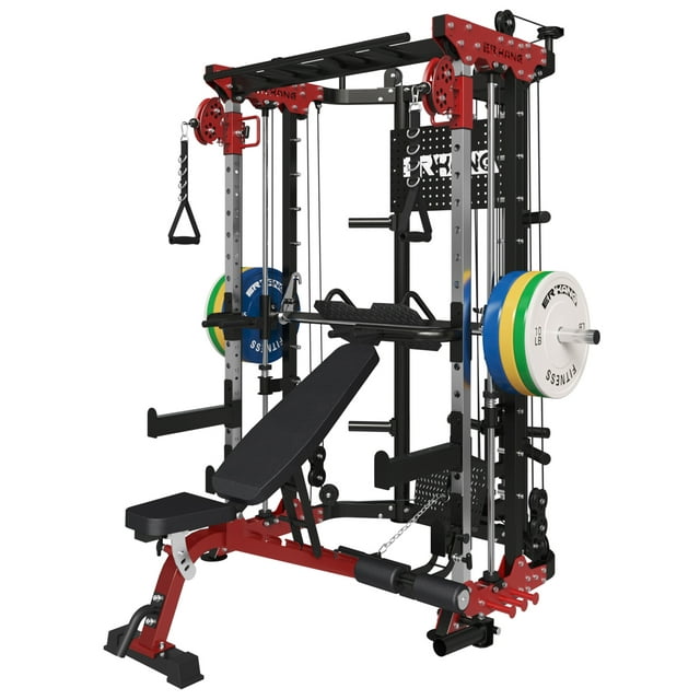 Mikolo Smith Machine Power Cage, 2200lb Commercial Strength Training Equipment with Pegboard Design(Red)