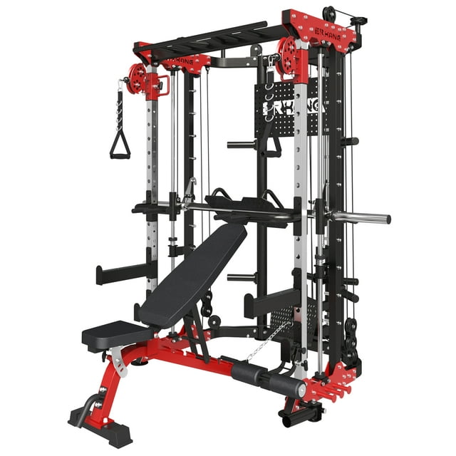 Mikolo Smith Machine Power Cage, 2200lb Commercial Strength Training Equipment with Pegboard Design(Red)