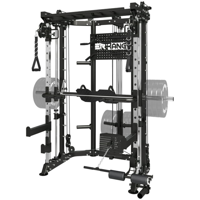 Mikolo Smith Machine Power Cage, 2200lb Commercial Strength Training Equipment with 800LB Capacity Adjustable Weight Bench(Black)