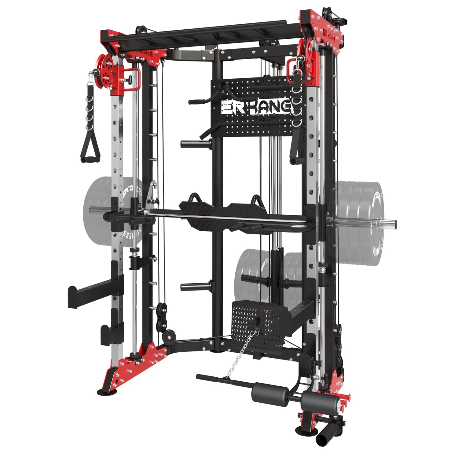 Mikolo Smith Machine Power Cage, 2200lb Commercial Strength Training Equipment with Pegboard Design(Red)