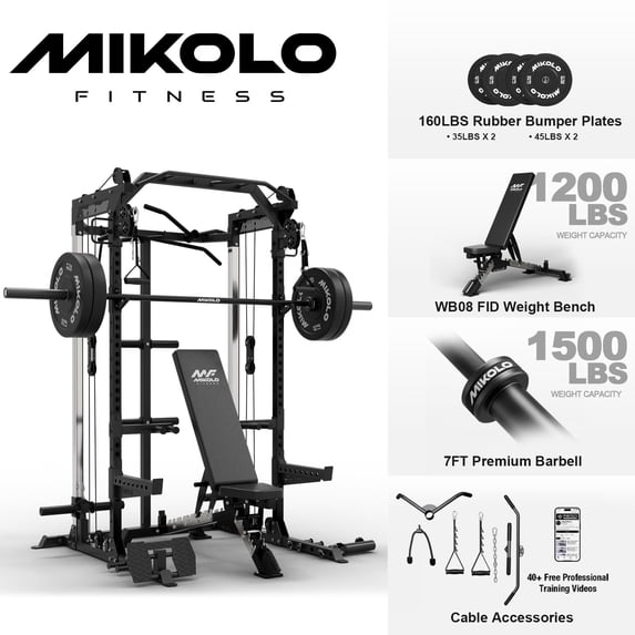 Mikolo Power Rack Cage, Weight Rack with Dual Pulley Cable Crossover Machine,Multi-Function Squat Rack with J Hooks,Dip Bars and Landmine for Home Gym (Black)