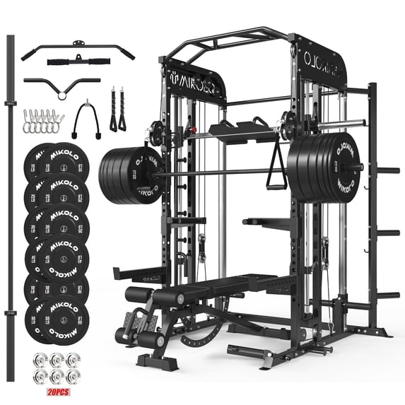 Mikolo All-in-One Power Rack with Smith Machine, Leg Press & Lat Pulldown, 2000LBS Squat Rack Cage for Home Gym, Includes Weight Bench, Barbell and 230LB Colorful Weight Plates