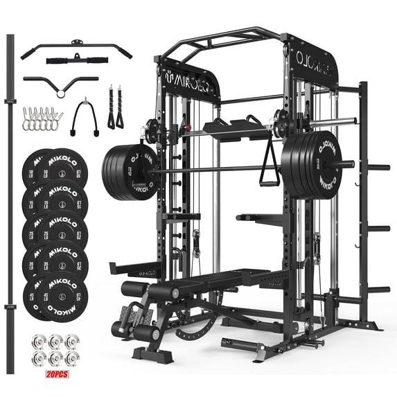 Mikolo All-in-One Power Rack with Smith Machine, Leg Press & Lat Pulldown, 2000LBS Squat Rack Cage for Home Gym, Includes Weight Bench, Barbell and 230LB Colorful Weight Plates