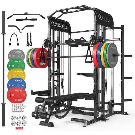 Mikolo All-in-One Power Rack with Smith Machine, Leg Press & Lat Pulldown, 2000LBS Squat Rack Cage for Home Gym, Includes Weight Bench, Barbell and 230LB Colorful Weight Plates