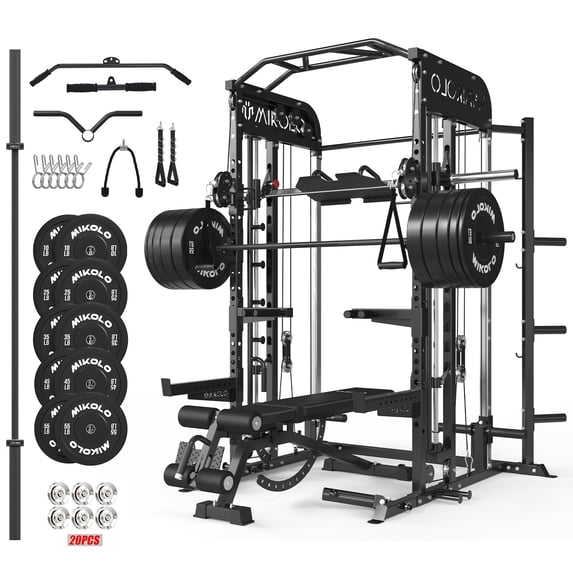 Mikolo All-in-One Power Rack with Smith Machine, Leg Press & Lat Pulldown, 2000LBS Squat Rack Cage for Home Gym, Includes Weight Bench, Barbell and 230LB Colorful Weight Plates