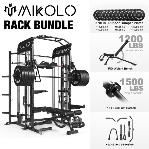 Mikolo Smith Machine, All-in-One Power Rack Cage with Vertical Leg Press, 2000LBS Power Cage Squat Rack with Smith Bar, Dual Pulley Cable Crossover System for Home gym