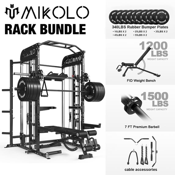 Mikolo Smith Machine, All-in-One Power Rack Cage with Vertical Leg Press, 2000LBS Power Cage Squat Rack with Smith Bar, Dual Pulley Cable Crossover System for Home gym