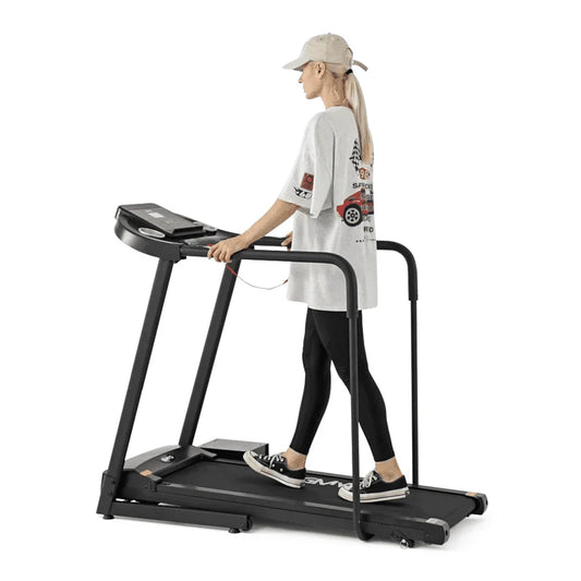 Mikolo Walking Treadmill with Long Handrail, Recovery Walking Machine with Heart Monitor & Safety Locker, Foldable Jogging Machine with LCD Display Screen