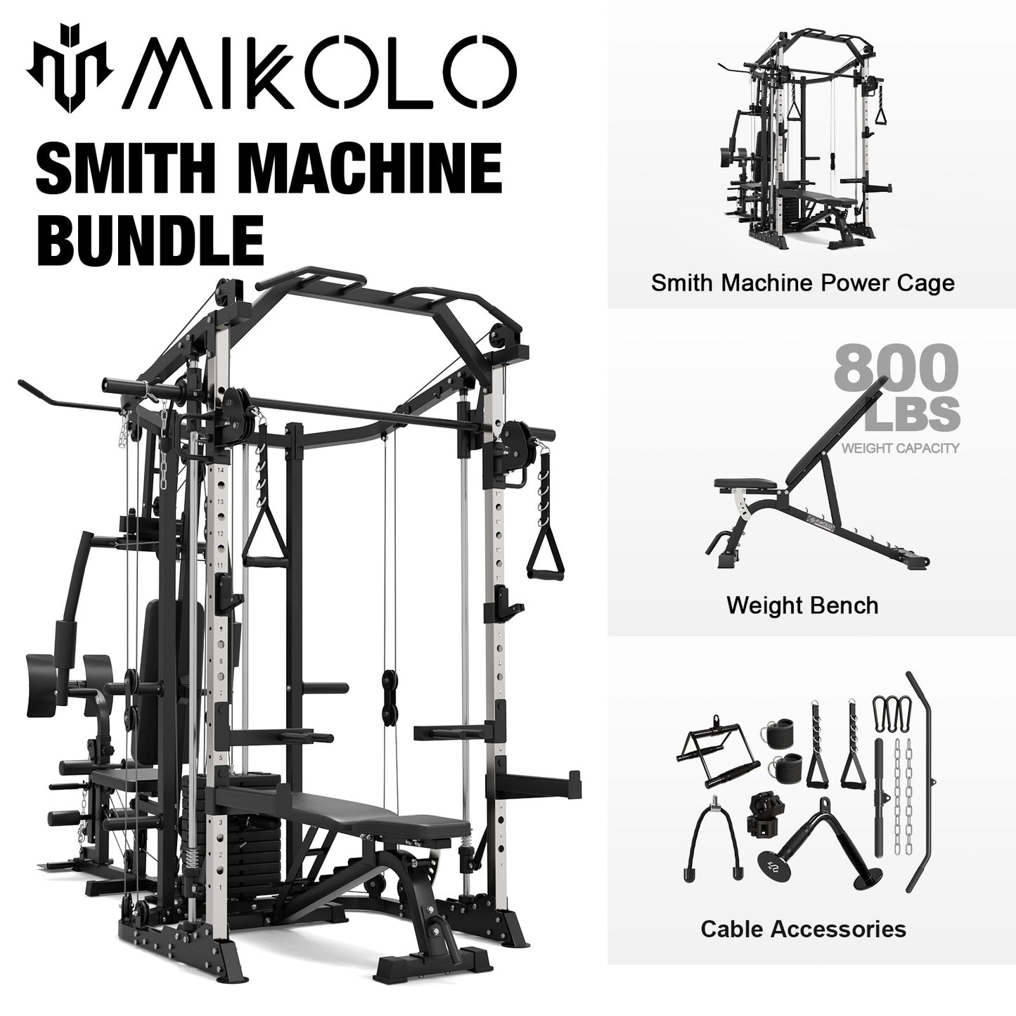 Mikolo Smith Machine Power Cage, Multi-Function Home Gym System with Cable Crossover, 121LB Weight Stack