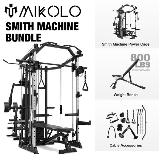 Mikolo Smith Machine Power Cage, Multi-Function Home Gym System with Cable Crossover, 121LB Weight Stack