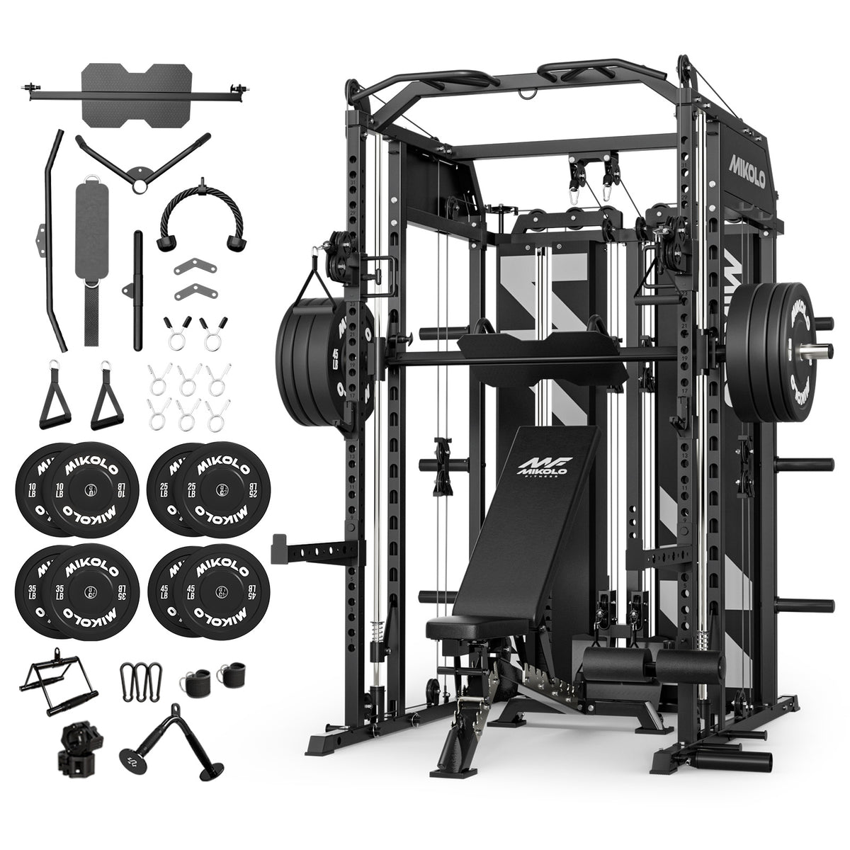 Mikolo Horus Smith Machine Home Gym, 2200LBS Power Rack Cage, Functional Trainer with Dual 128LBS Cement Weight Stacks ,Barbell and 230LBS Plates , Dual High/Low Cables, Full Body Workout Home Gym