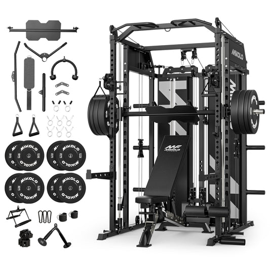 Mikolo Horus Smith Machine Home Gym, 2200LBS Power Rack Cage, Functional Trainer with Dual 128LBS Cement Weight Stacks ,Barbell and 230LBS Plates , Dual High/Low Cables, Full Body Workout Home Gym