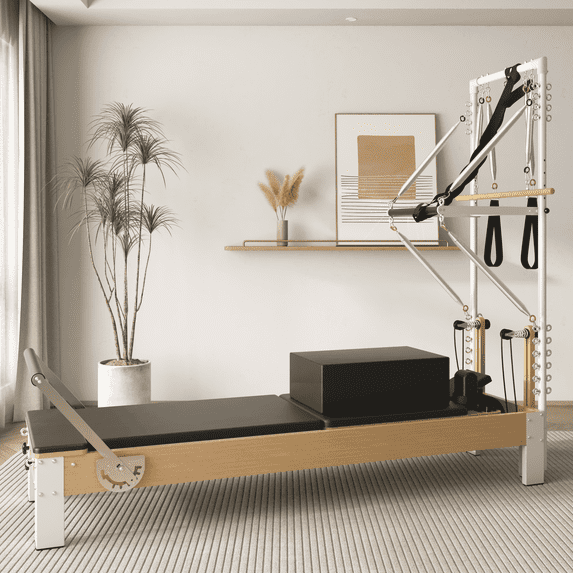Syedee Pilates Reformer Machine, Wood Pilates Machine Bed Yoga Exercise Strength Training Equipment for Home Workout