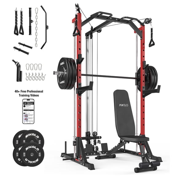 Mikolo Smith Machine Home Gym, 7-in-1 Multi-Function Squat Rack with Cable Crossover, 1000LBS Workout Station with Smith Bar, Barbell, and Weight Bench and 10lb/25lb x2 Weight Plates