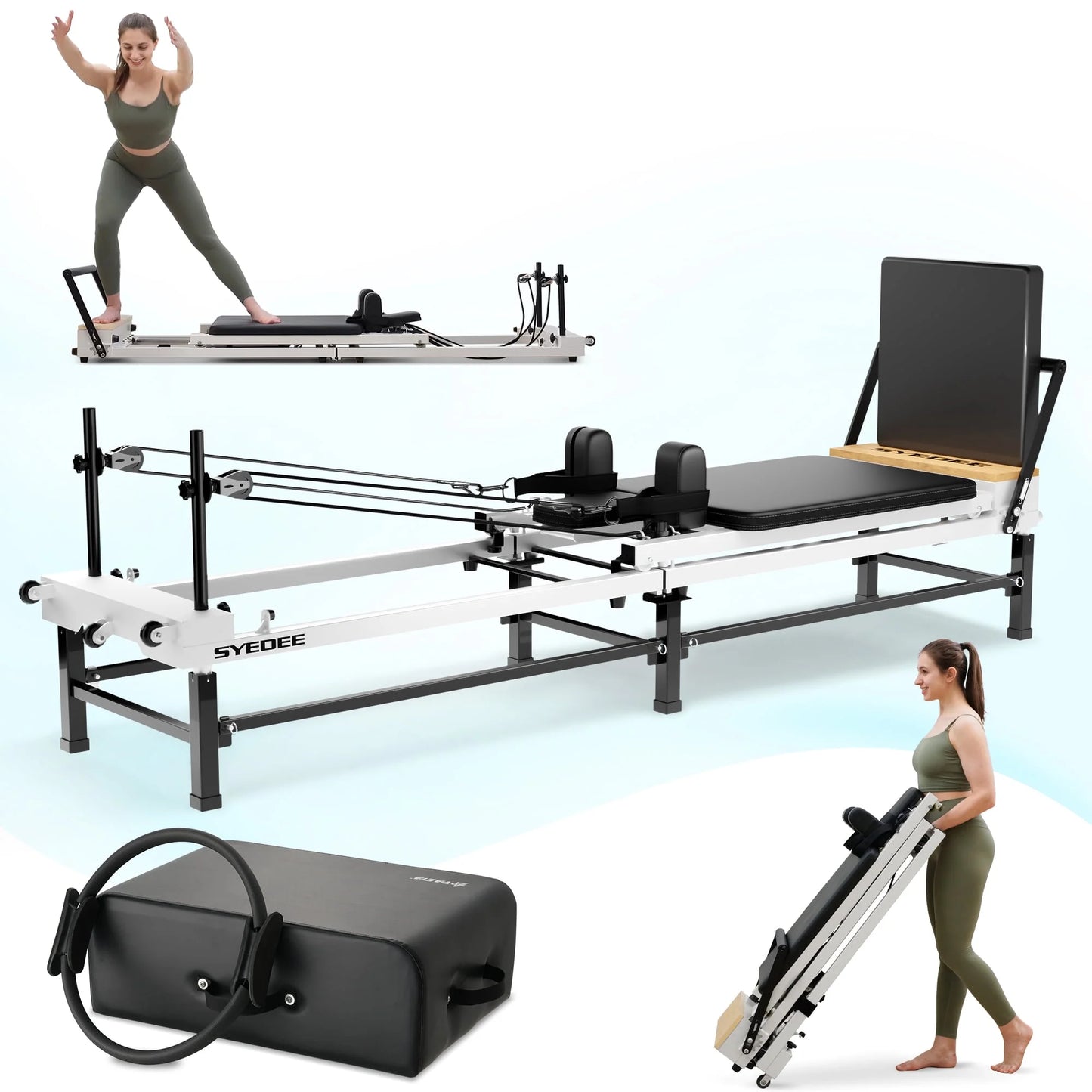 Syedee Foldable Pilates Reformer Machine, Balanced Body Pilates Exercise Equipment with Jump Board and Storage Bag, Pilate Box Set