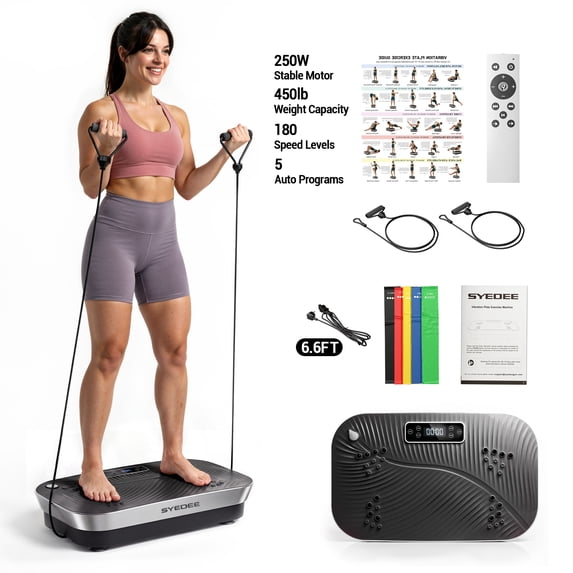 Syedee Vibration Plate Exercise Machine, Full Body Vibration Platform with 180 Adjustable Speed Levels, 450 lbs Capacity, Bluetooth Speaker, Resistance Bands & Remote Control