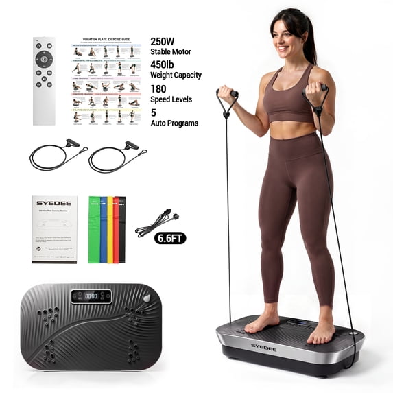 Syedee Vibration Plate Exercise Machine, 180 Speed Levels for Full Body Workout, 450 lbs Capacity Vibration Platform with Bluetooth, Resistance Bands & Remote Control for Black Home Fitness