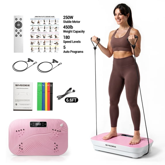 Syedee Vibration Plate Exercise Machine, 180 Speed Levels for Full Body Workout, 450 lbs Capacity Vibration Platform with Bluetooth, Resistance Bands & Remote Control for Black Home Fitness