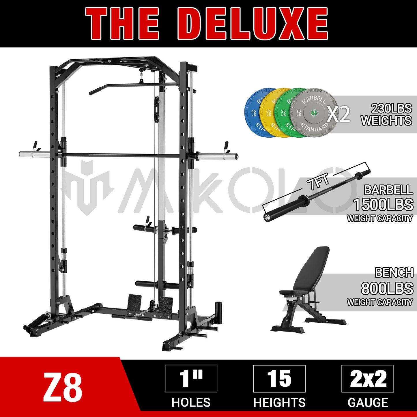 Mikolo Smith Machine Home Gym, Multi-Functional Squat Rack with Cable Crossover System, Workout station with Weight Bar, Dip Bars,Bend Peg and Other Functional Attachments,Home Gym Package