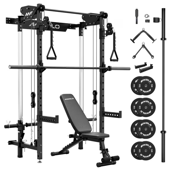 Mikolo Foldable Power Rack Cage,1000lbs Capacity Wall Mounted Squat Rack with independent pulley system, Space Saving Home Gym Equipment with 5 Adjustable Angle