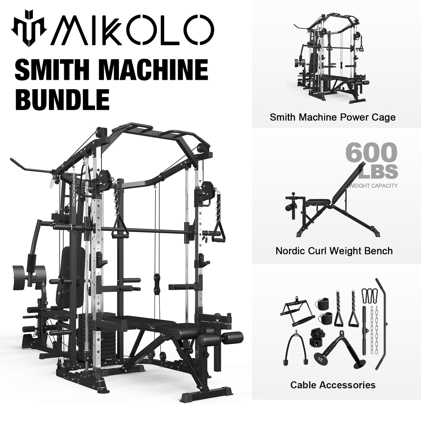 Mikolo Smith Machine Power Cage, Multi-Function Home Gym System with Cable Crossover, 121LB Weight Stack