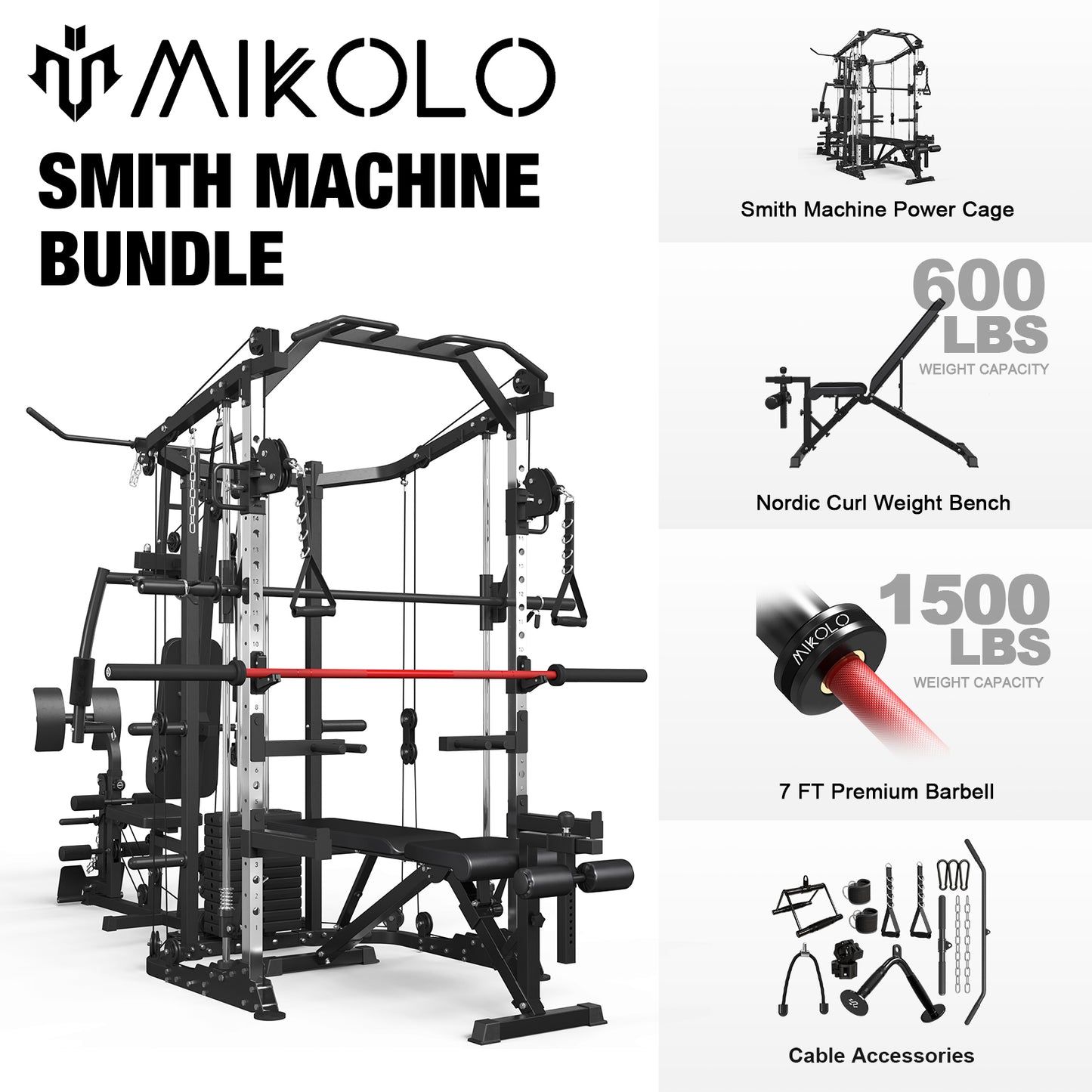 Mikolo Smith Machine Power Cage, Multi-Function Home Gym System with Cable Crossover, 121LB Weight Stack