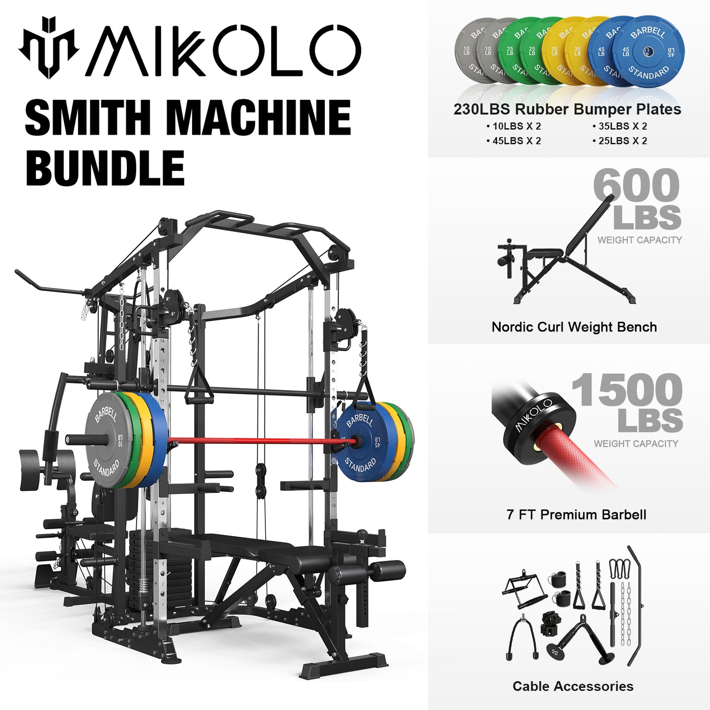 Mikolo Smith Machine Power Cage, Multi-Function Home Gym System with Cable Crossover, 121LB Weight Stack
