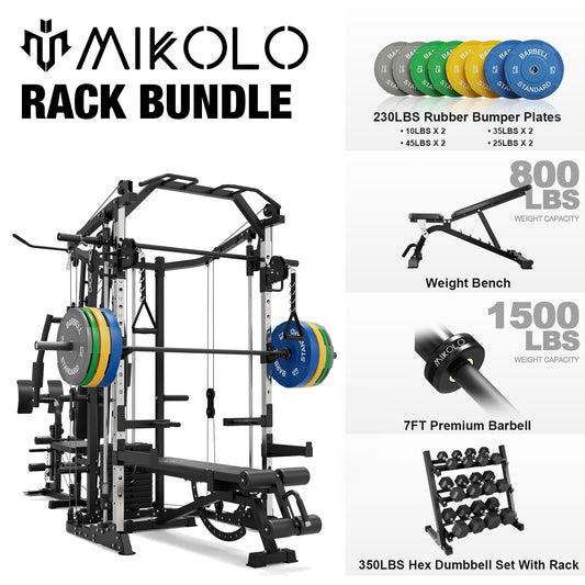 Mikolo Smith Machine Power Cage, Multi-Function Home Gym System with Cable Crossover, 121LB Weight Stack