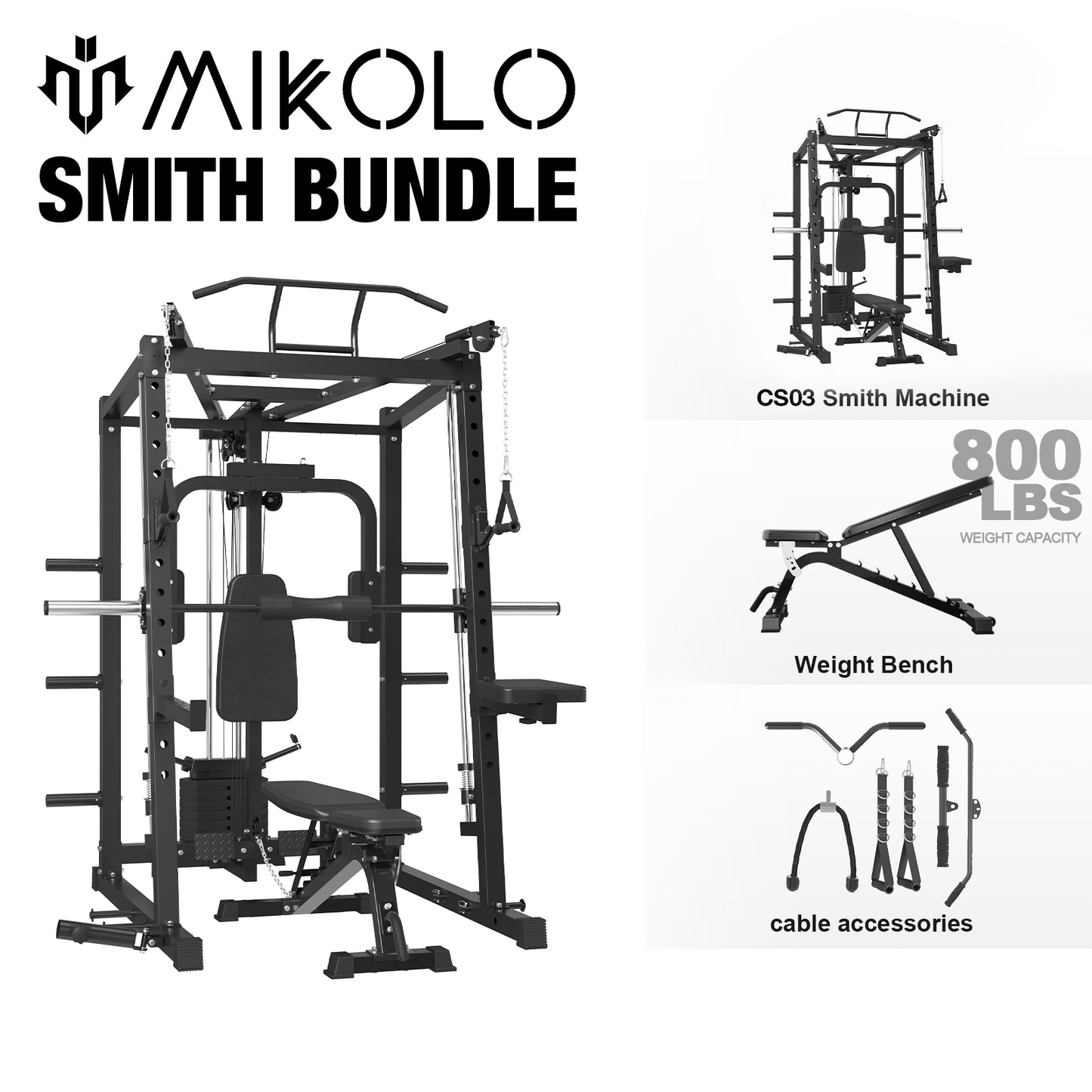 Mikolo Smith Machine, 2000LBS Power Cage Squat Rack with Smith Bar, Chest Fly Machine with Two LAT Pull-Down Systems, Cable Crossover Machine and More Cable Attachment for Home gym