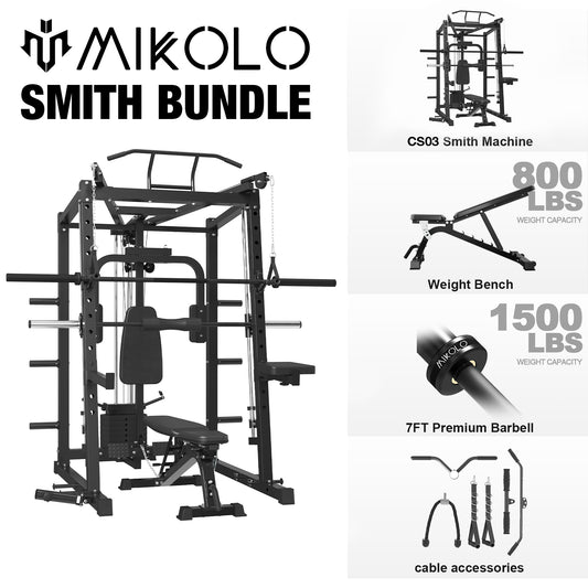 Mikolo Smith Machine, 2000LBS Power Cage Squat Rack with Smith Bar, Chest Fly Machine with Two LAT Pull-Down Systems, Cable Crossover Machine and More Cable Attachment for Home gym