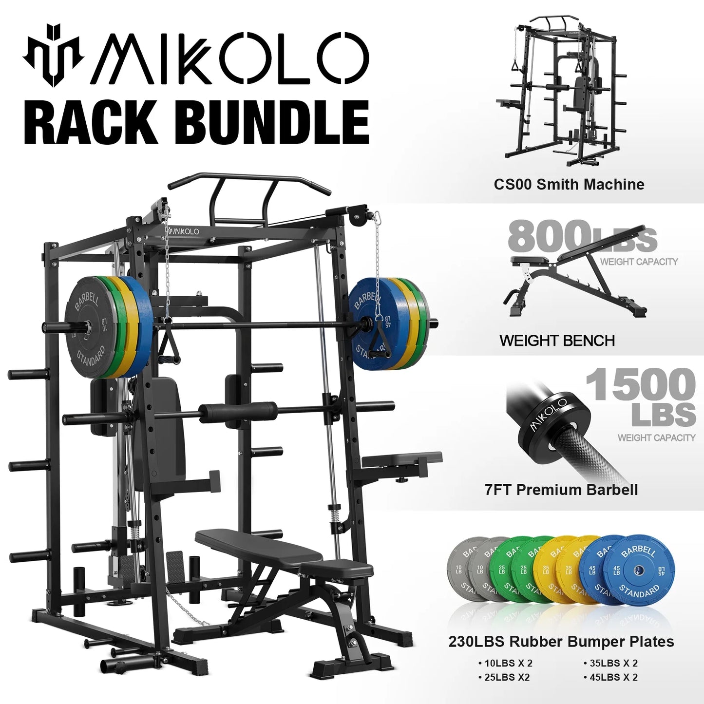 Mikolo Smith Machine, 2000LBS Power Cage Squat Rack with Chest Fly Arm, Two LAT Pull-Down Systems, Cable Crossover Machine and and More Cable Attachment for Home Gym