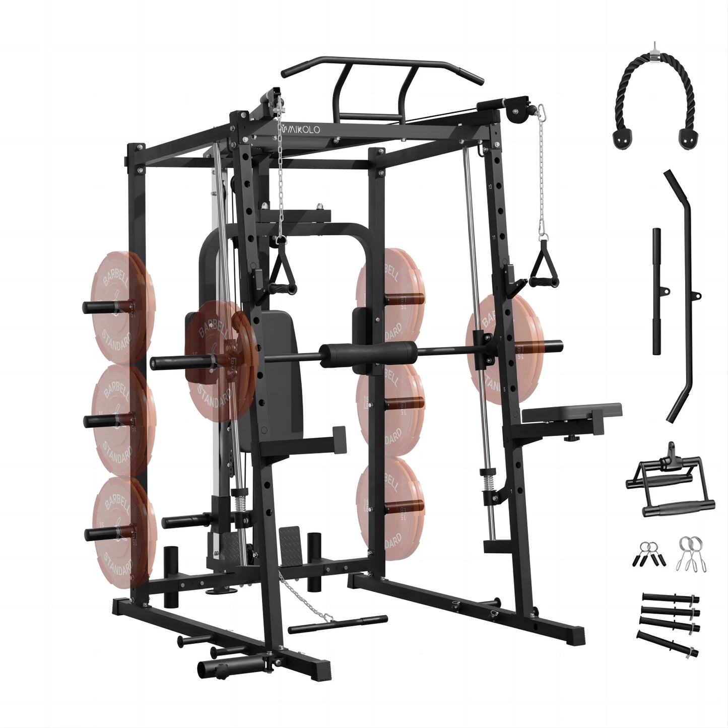 Mikolo Smith Machine, 2000LBS Power Cage Squat Rack with Chest Fly Arm, Two LAT Pull-Down Systems, Cable Crossover Machine and and More Cable Attachment for Home Gym