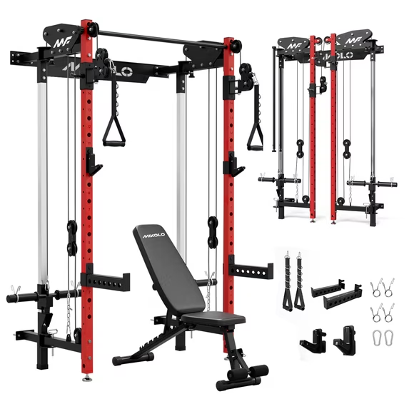 Mikolo Foldable Power Rack Cage,1000lbs Capacity Wall Mounted Squat Rack with independent pulley system, Space Saving Home Gym Equipment with 5 Adjustable Angle