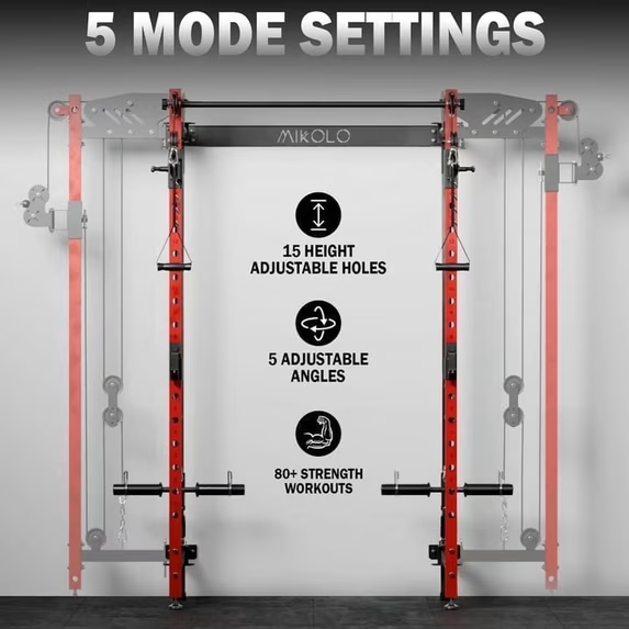 Mikolo Foldable Power Rack Cage,1000lbs Capacity Wall Mounted Squat Rack with independent pulley system, Space Saving Home Gym Equipment with 5 Adjustable Angle