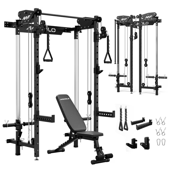 Mikolo Foldable Power Rack Cage,1000lbs Capacity Wall Mounted Squat Rack with independent pulley system, Space Saving Home Gym Equipment with 5 Adjustable Angle