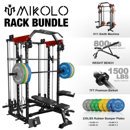 Mikolo Smith Machine, 2000LBS Power Cage Squat Rack with Smith Bar, Two LAT Pull-Down Systems, Cable Crossover Machine and and More Cable Attachment for Home Gym