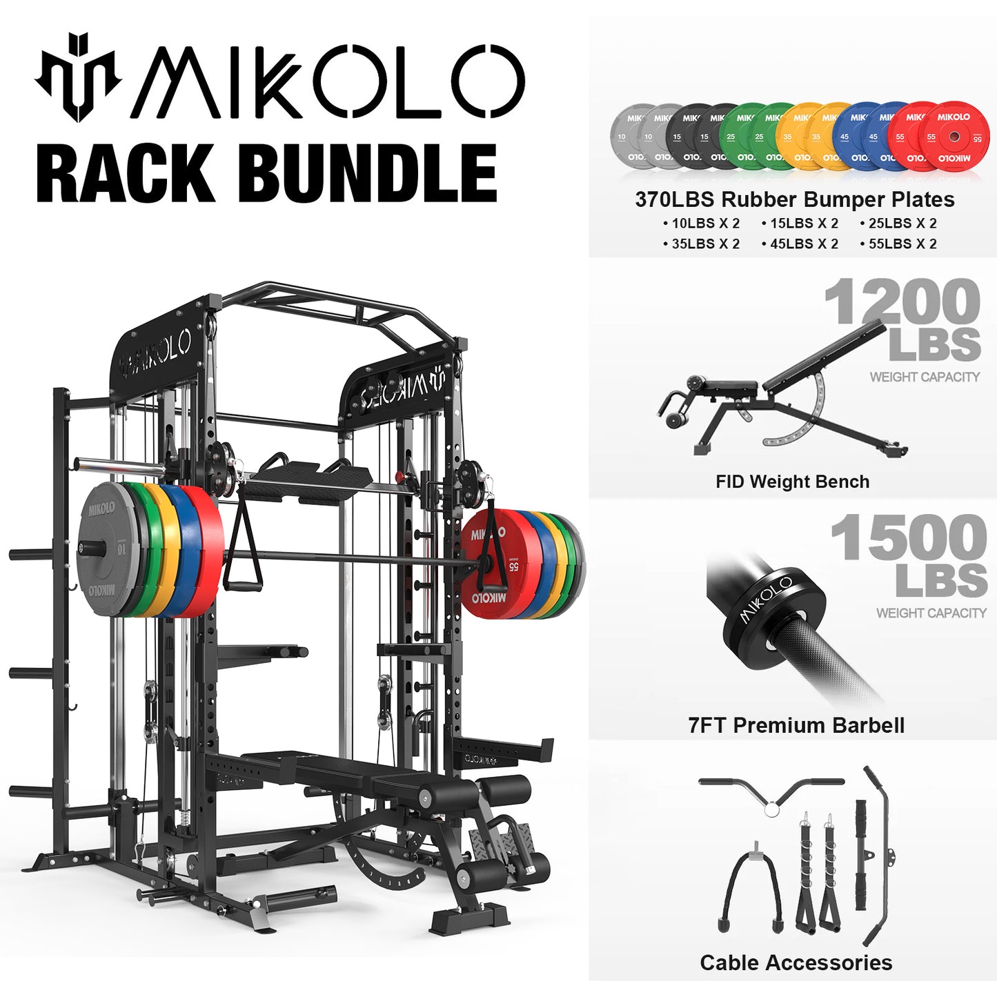Mikolo Smith Machine, All-in-One Power Rack Cage with Vertical Leg Press, 2000LBS Power Cage Squat Rack with Smith Bar, Dual Pulley Cable Crossover System for Home gym